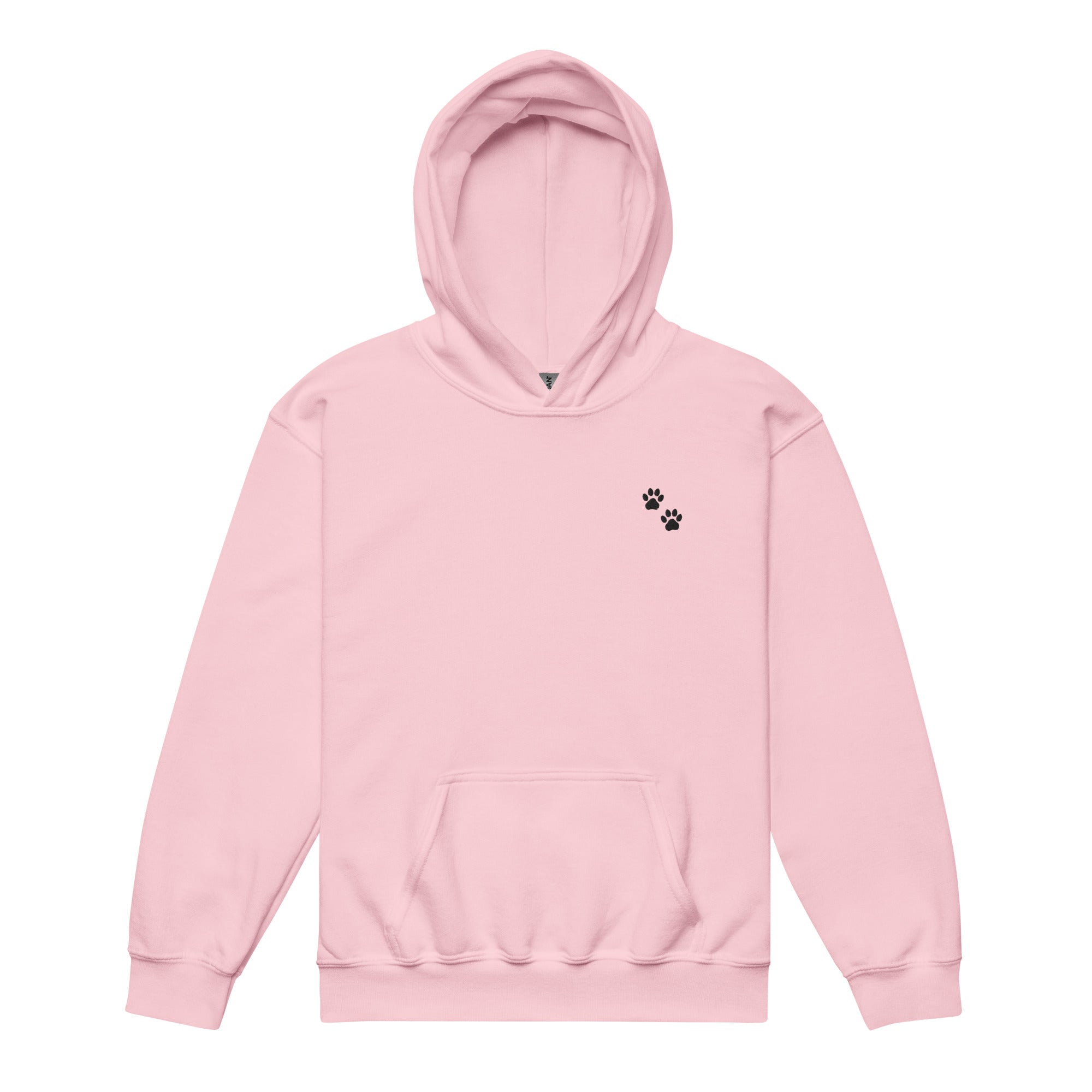 Pink hoodie with a black paw print on a white background