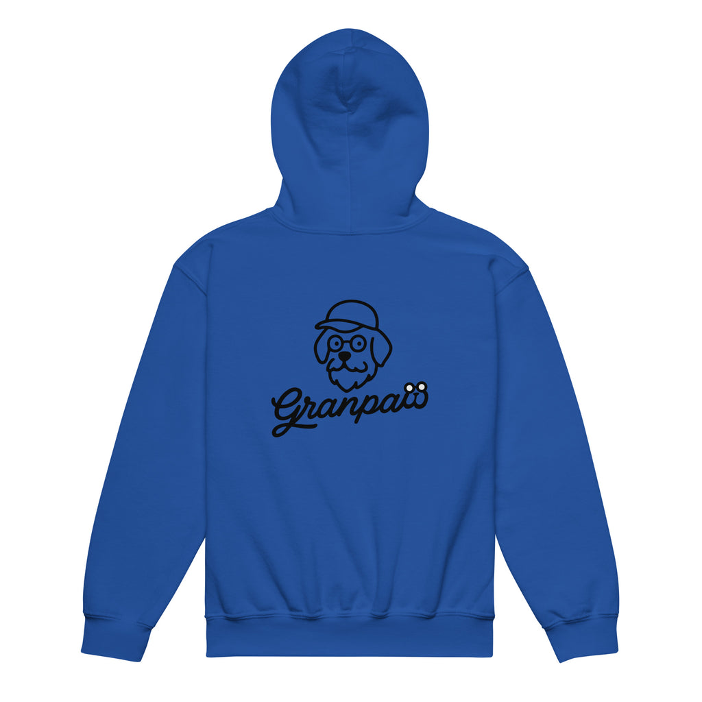 Blue hoodie with a graphic design on the back against a white background