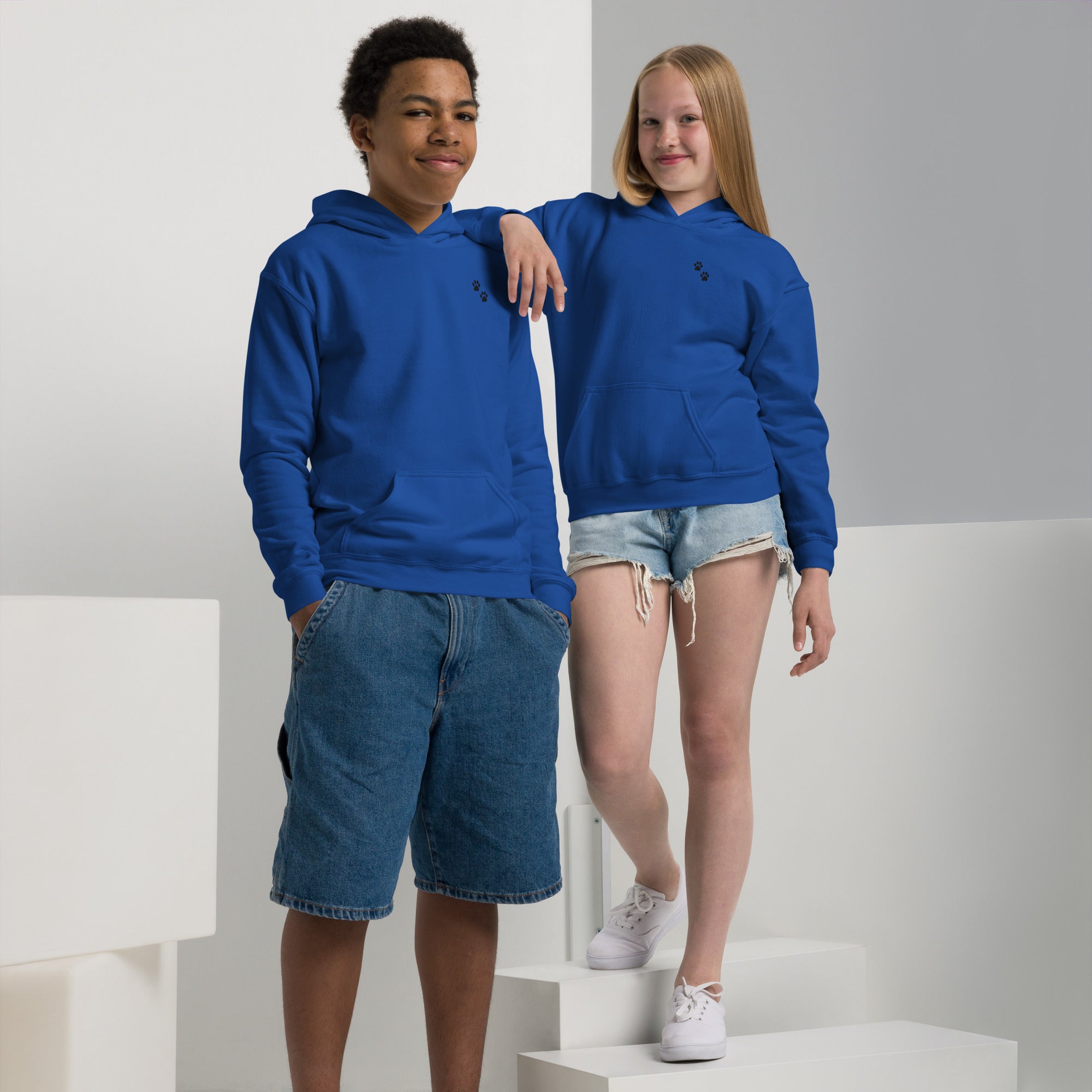 Two children wearing blue hoodies standing on a white platform.