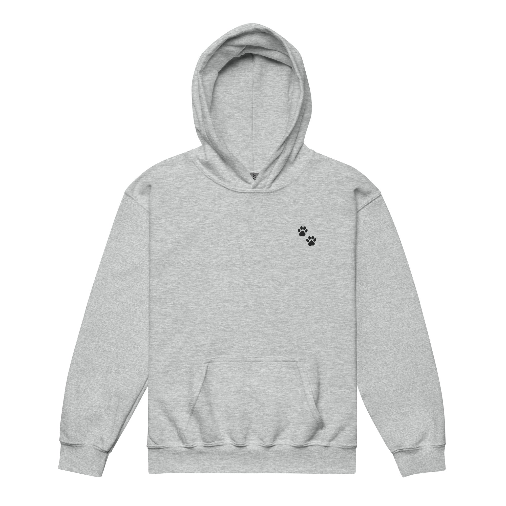 Gray hoodie with a black paw print on a white background