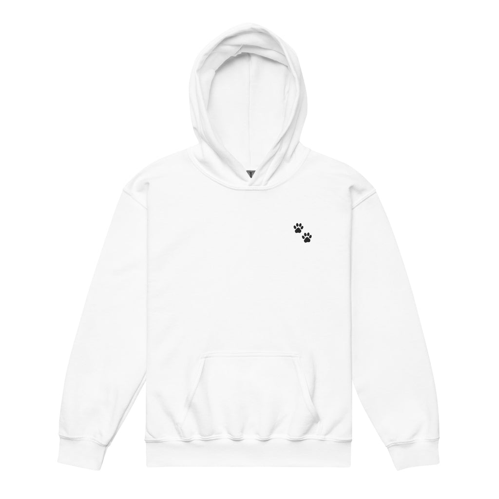White hoodie with a black paw print on a white background