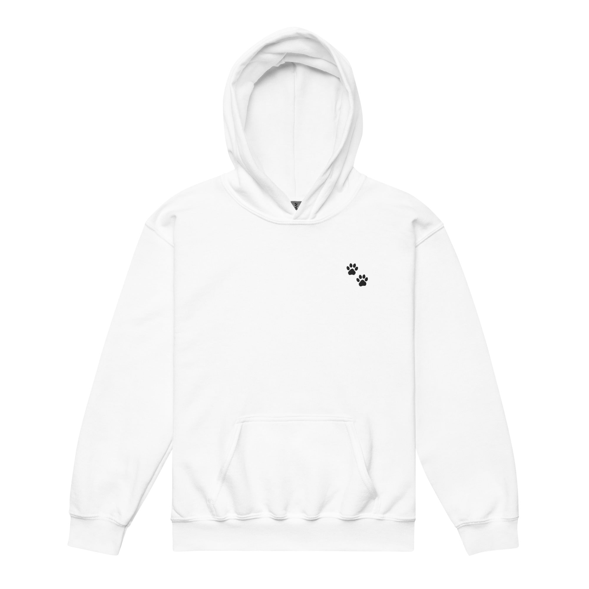 White hoodie with a black paw print on a white background