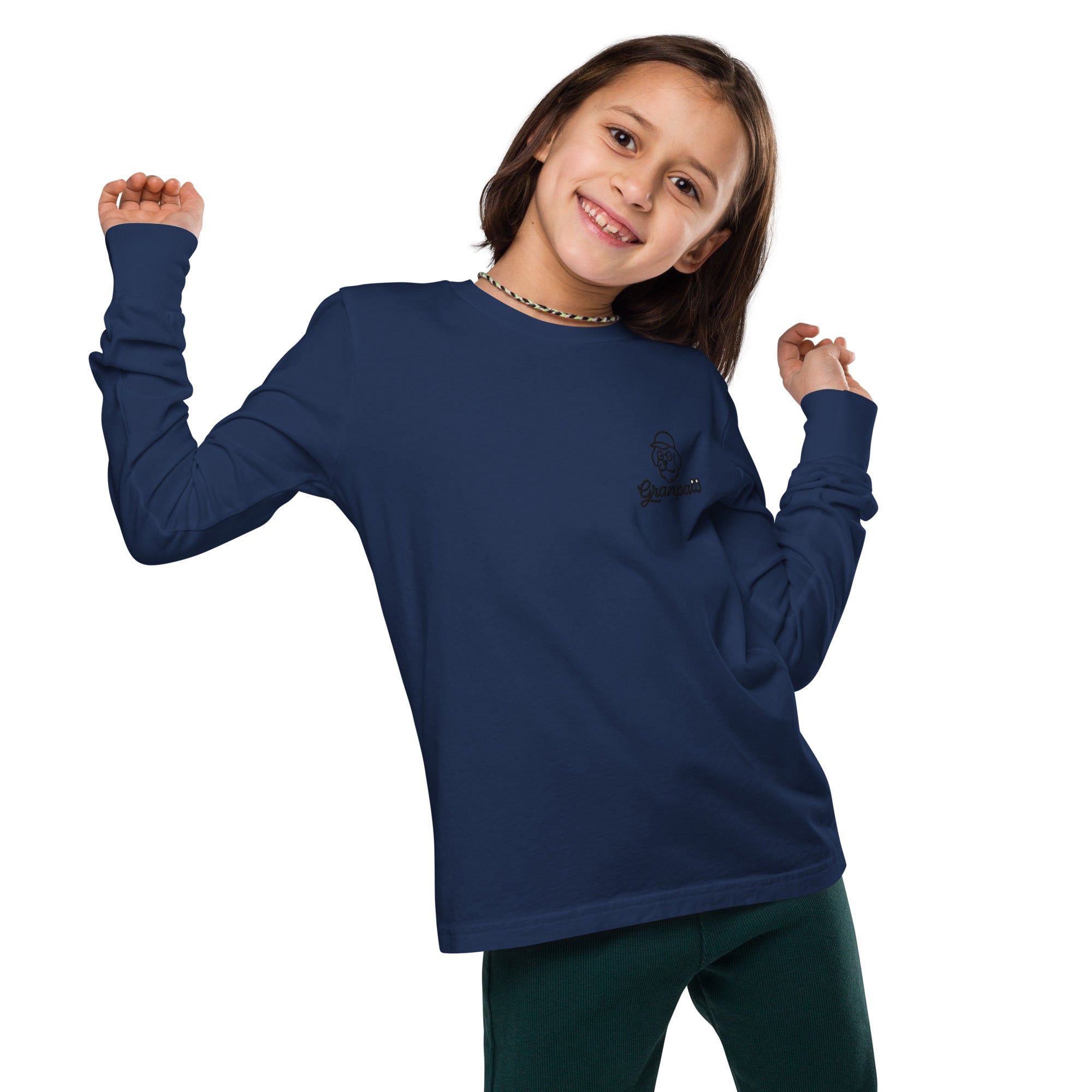 Child wearing a blue long-sleeve shirt on a white background