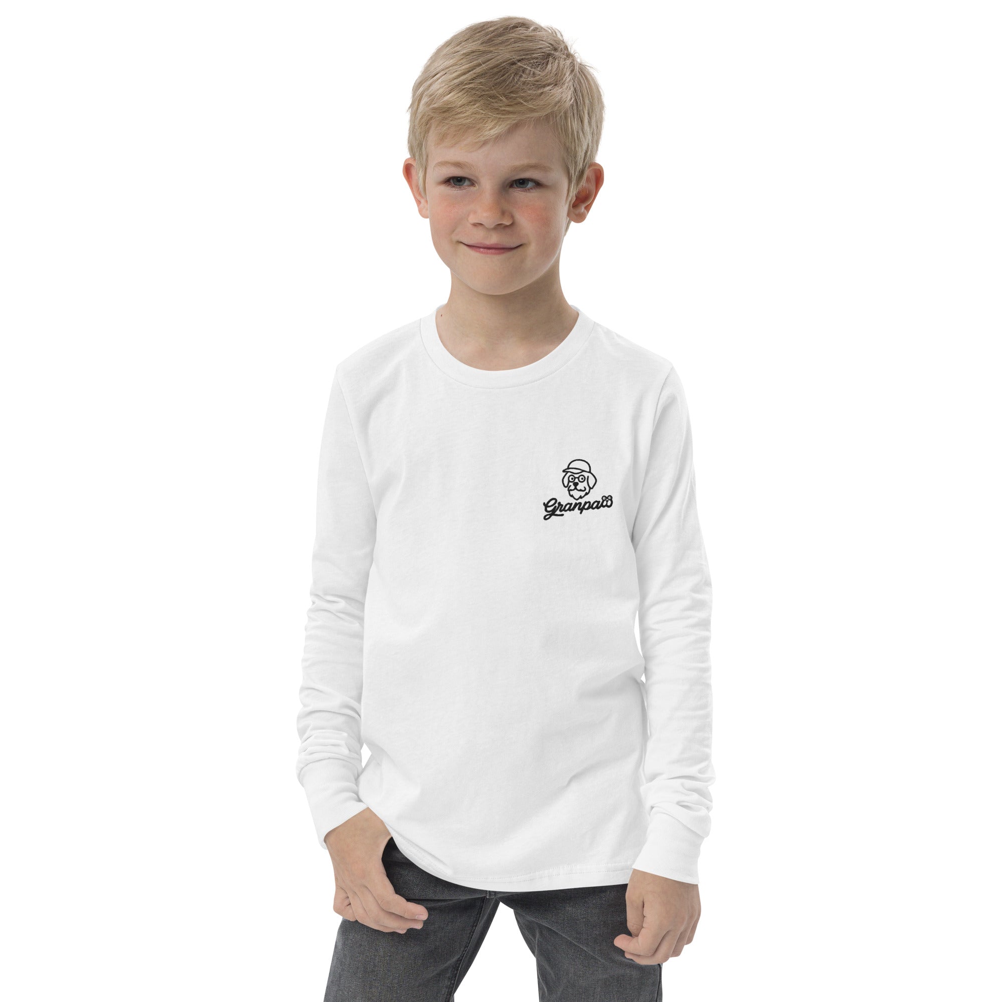 Child wearing a white long-sleeve shirt with a logo on a white background